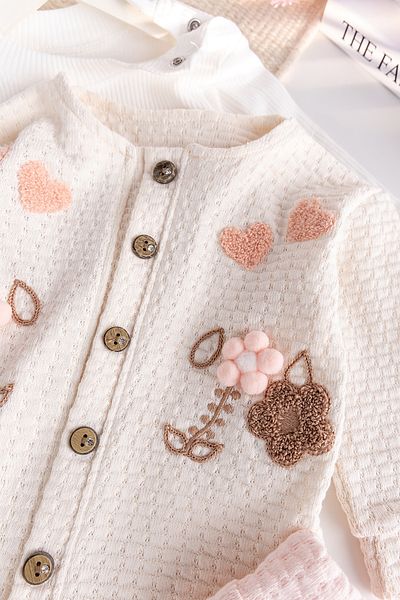 Babymod Baby Girl Cardigan Flower Embroidered 100% Cotton 3 Piece Set