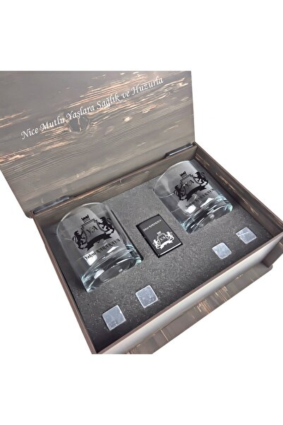 hediyekralı Kişiye Özel Ahşap Kutulu 2'li Viski Bardağı ve Çakmak Hediye Seti...