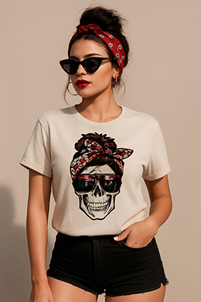 MODA Kuru Kafa Baskılı Bol Kesim Oversize Omuzu Düşük T-shirt Bej