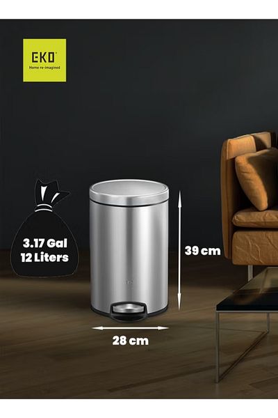 EKO Eva Series 12l Pedal Trash Bin – Brushed Stainless Steel, Soft-close Lid, Compact & Durable