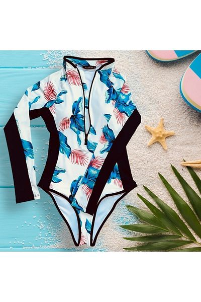 YASERS Blue Floral Print Long Sleeve Zip-Up Surfing Swimmer Women's Surfing Swimsuit