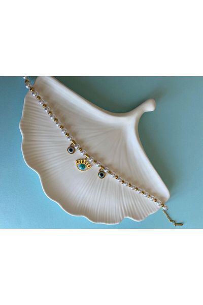 marsel aksesuar Steel Anklet with Pearl Evil Eye and Eye Figure