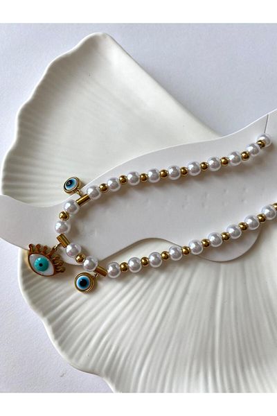 marsel aksesuar Steel Anklet with Pearl Evil Eye and Eye Figure