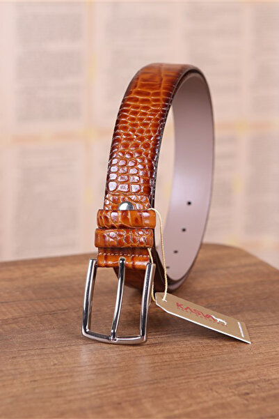 KASVA DERİ حزام جلد طبيعي من جلد التمساح بلون كونياك 3.5 سم