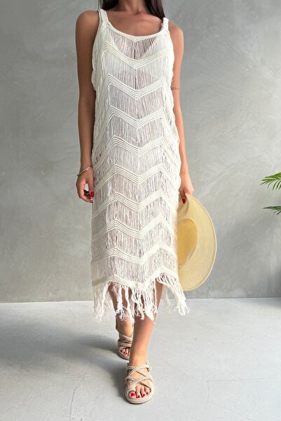 Ulino Ekru Askılı Transparan Ajurlu Plaj Giyim Triko Elbise