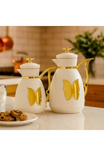 ALSAIF Coffee And Tea Vaccum Flask Set In Ivory/gold / Leak-proof And Keeps Drinks Hot 1.0/1.0 Liter