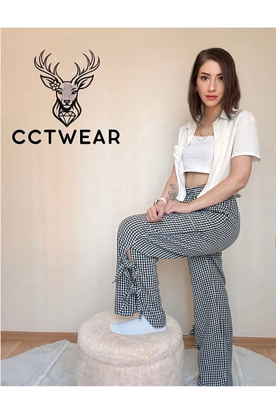 CCTWEAR Gingham Trousers with Leg Tie Detail