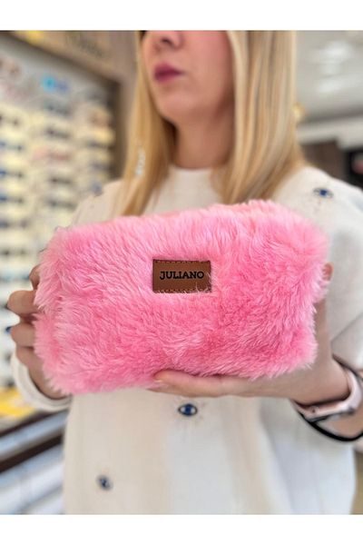 JULIANO Pink Teddy Plush Makeup and Glasses Bag