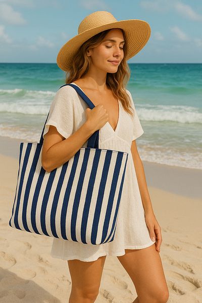 MUCCE Women's Navy Blue Striped Beach Bag Large Size Zippered 52×40cm