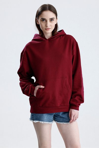 Sofist İstanbul Burgundy Relaxed Fit Unisex Hoodie 100% Cotton Hooded Kangaroo Pocket Solid Color