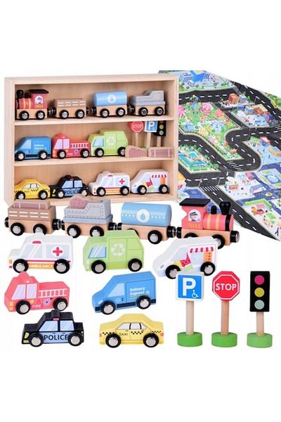 indiggo Set De Masinute Woodentoycars Din Lemn, Include Raft Depozitare, Covoras Oras Cu Masini