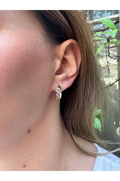 MODA Gold Colored Steel Earrings – Sparkling Model with Pink Purple Yellow Stones (17 mm)