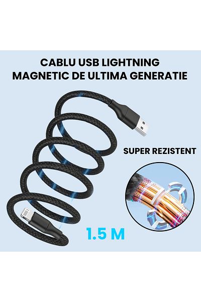 SellerRasov doar pregatiti Cablu Magnetic Lightning 1.5m, Negru, Incarcare Rapida 2a, Anti-incalcire, Compatibil Iphone