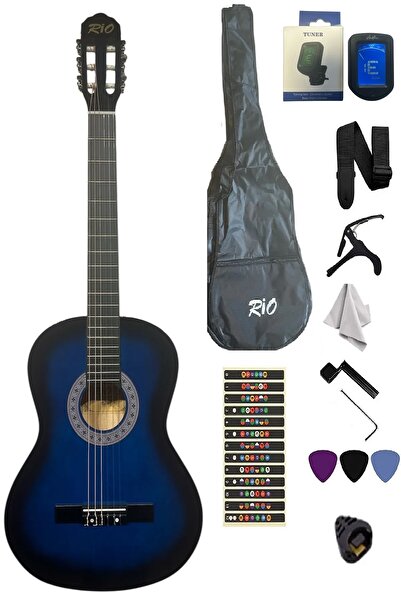 müzikhane 4/4 Tam Boy Mavi Klasik Gitar Akort Cihazı Kılıf Kapo Askı Pena Sti...