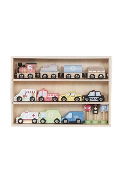 indiggo Set De Masinute Woodentoycars Din Lemn, Include Raft Depozitare, Covoras Oras Cu Masini