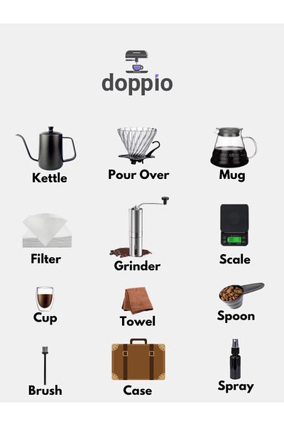 DOPPİO ماكينة صنع القهوة اليدوية V60 Premium Pour Over من DOPPIO، 12 قطعة، مع مجموعة مطحنة يدوية وقطر