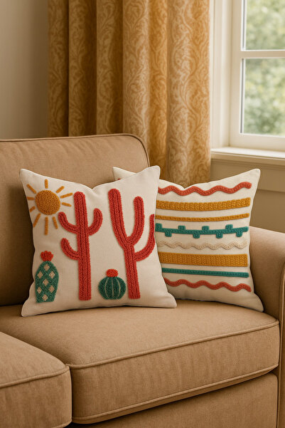 Leolife Dijital Baskı Punch Görünümlü Kaktüs Desenli Klasik Tarz 2 Li Kırlent...