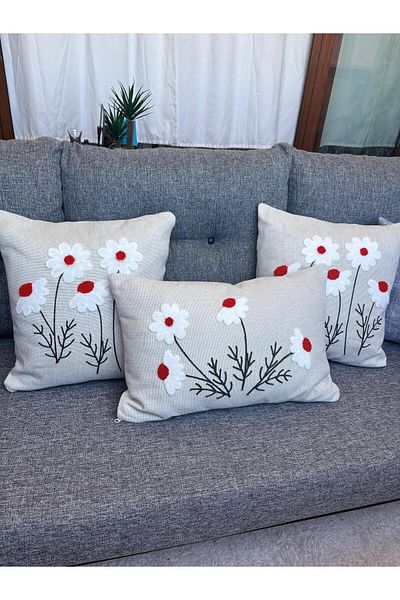 Mustgross Husă de pernă brodata Punch Daisy 3 bucăți (2 bucăți 43x43, 1 bucăți 32x50)