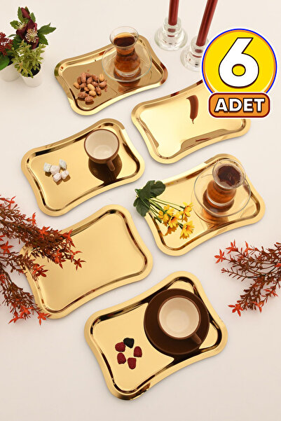 AKSESUAR EVRENİ Naldo Kahve Sunum Tepsisi Gold - Paslanmaz Italyan Model 6 Lı Set