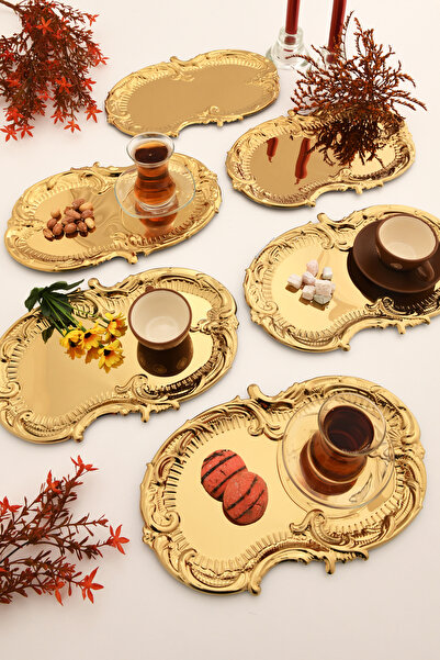 AKSESUAR EVRENİ Silen Kahve Sunum Tepsisi Gold - Paslanmaz Bulut Model 6 Lı Set