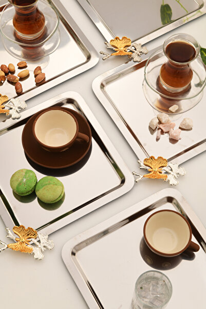 AKSESUAR EVRENİ Nesto Paslanmaz 6 Lı Takım Kelebek Detaylı Genel Sunum Tepsisi Gümüş