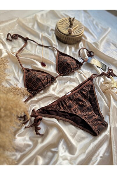 Home Boyundan Bağlamalı Üçgen Ipli Kahverengi Bikini Takımı