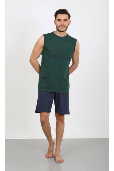 dealp Чоловічий хакі 100% бавовна з принтом, безрукавні шорти з кишенями, літній піжамний комплект