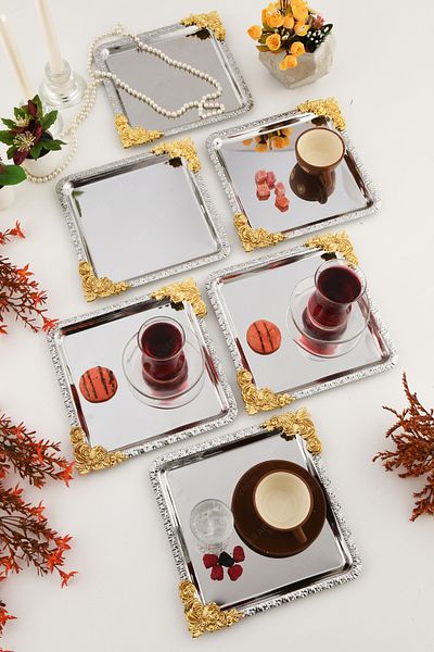 AKSESUAR EVRENİ Luna Silver Framed Flower Pattern Stainless 6-Piece Decorative Square Presentation Tray