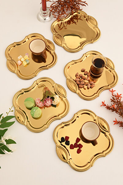 AKSESUAR EVRENİ Vezan Paslanmaz Kare Burgu Desen Sunum Tepsisi Gold 6 Lı Takım