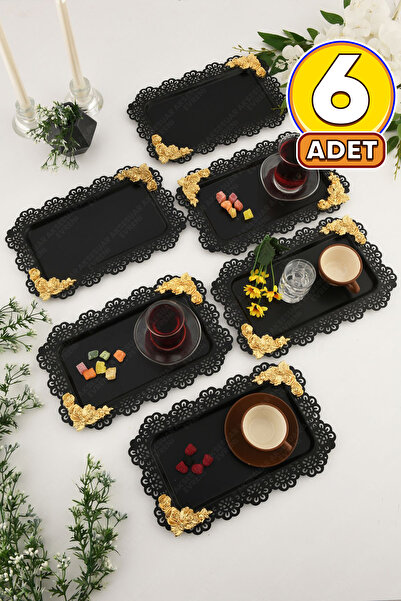 AKSESUAR EVRENİ LUCE Siyah Dantel Kenarlı Oyma Detaylı Dikdörtgen 6'lı Dekora...