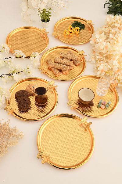 AKSESUAR EVRENİ Iren Round Honeycomb Model Butterfly Detailed Presentation Tray Gold Set of 6