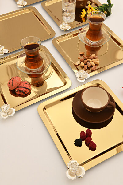 AKSESUAR EVRENİ Anter 6 Adet Paslanmaz Kahve Sunum Tepsisi Kare Taşlı Model