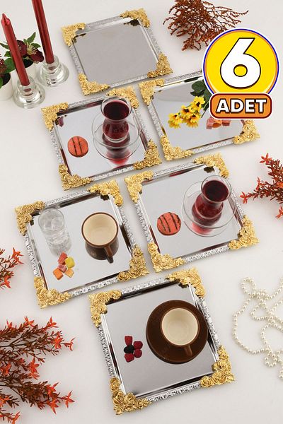 AKSESUAR EVRENİ Alve Silver Gold Framed Flower Patterned Stainless 6-Piece Decorative Square Presentation Tray