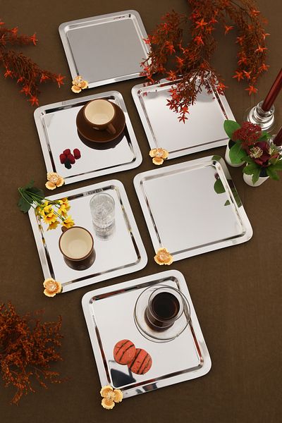 AKSESUAR EVRENİ Marev Gold Stone Detailed 6-Piece Presentation Tray Silver