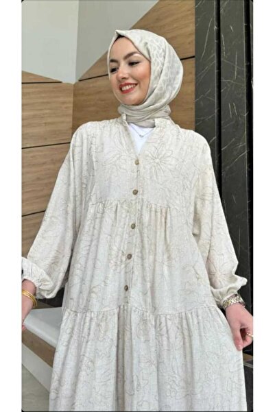 QUAWEAR V Yaka Nakışlı Keten Kumaş Tam Boy Elbise