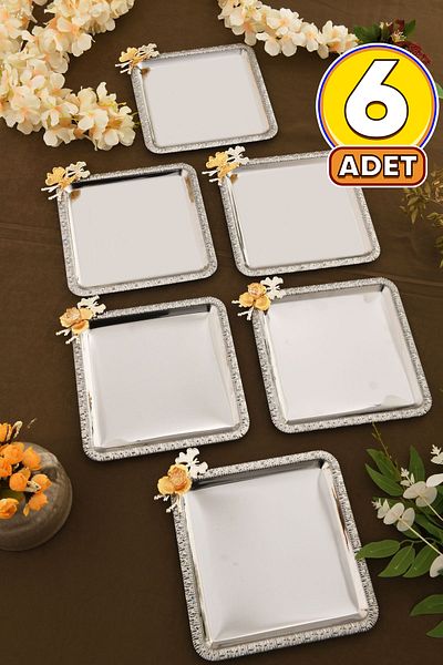 AKSESUAR EVRENİ Sento Stainless Square Patterned Branched Stone Detailed Presentation Tray Set of 6