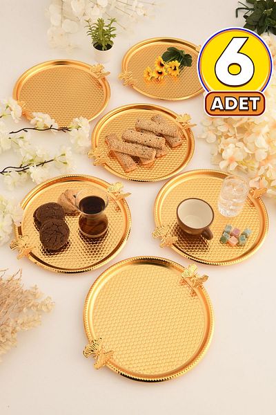 AKSESUAR EVRENİ Iren Round Honeycomb Model Butterfly Detailed Presentation Tray Gold Set of 6