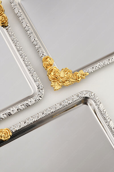 AKSESUAR EVRENİ SOLE Gümüş Gold Çiçek Desenli Paslanmaz 6'lı Dekoratif Kare Sunumluk Tepsi