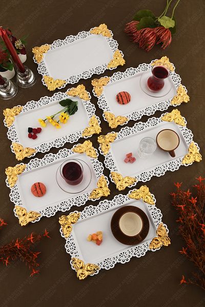 AKSESUAR EVRENİ Oro White Lace Edged Carved Detailed Rectangular 6-Piece Decorative Presentation Tray