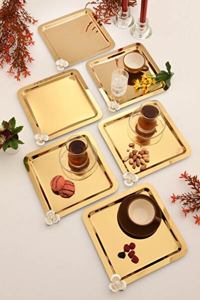 AKSESUAR EVRENİ Anter 6 Adet Paslanmaz Kahve Sunum Tepsisi Kare Taşlı Model