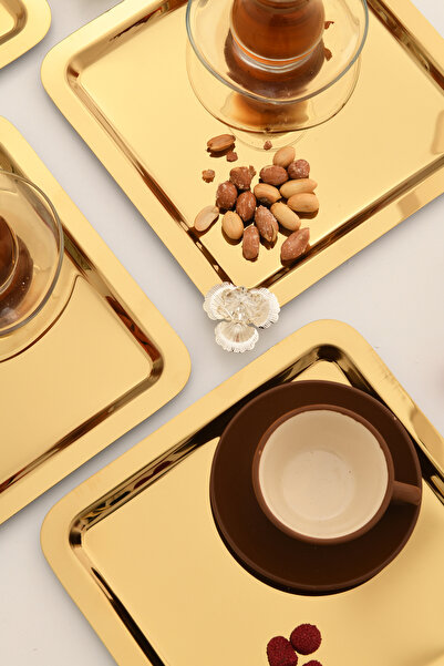 AKSESUAR EVRENİ Anter 6 Adet Paslanmaz Kahve Sunum Tepsisi Kare Taşlı Model