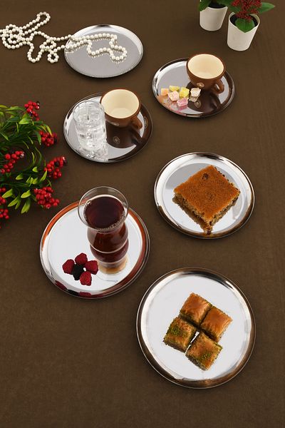AKSESUAR EVRENİ Sofi̇a Stainless Steel Round Model Multi-Purpose Presentation Tray Silver 6 Pieces