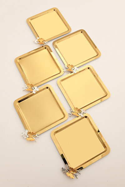 AKSESUAR EVRENİ Nesto Paslanmaz Kare Kelebek Detaylı Sunum Tepsisi Gold 6 Adet