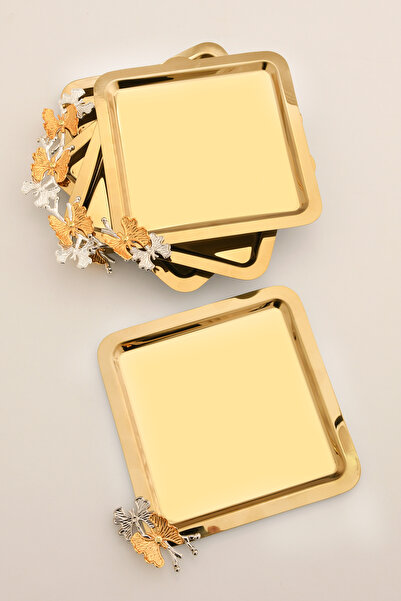 AKSESUAR EVRENİ Nesto Paslanmaz Kare Kelebek Detaylı Sunum Tepsisi Gold 6 Adet