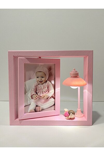 AHŞAPTAN SANAT Wooden Rotating Frame with lamp with girl child figure