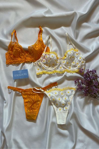 MAİZEN 2-Piece Bra Set Lace Gatherer Underwire Orange Yellow Daisy