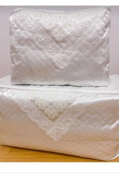 AYHOME Çeyizlik Hurç Seti Kapıtoneli Saten Hurç Krem Ikli, Set Hürç Fermuarlı...