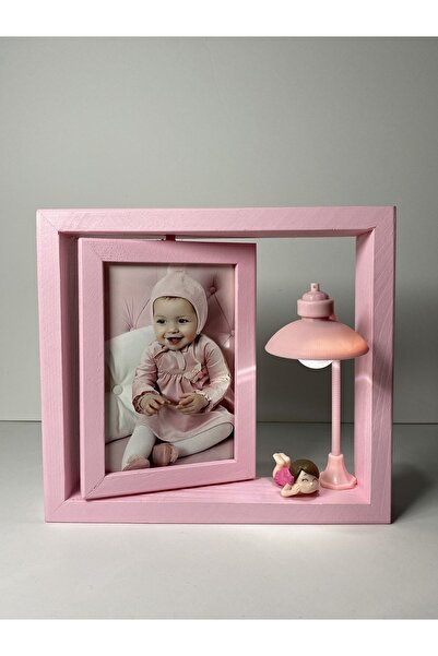AHŞAPTAN SANAT Wooden Rotating Frame with lamp with girl child figure
