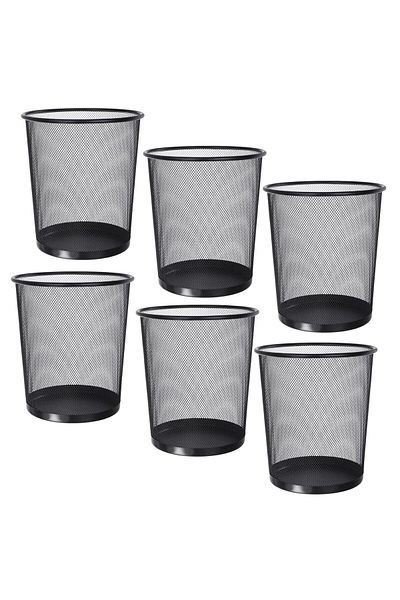 AKC Set Of 6 Mesh Wastebasket Trash Can – Silver & Black Steel Round Bin For Office, Home, Bathroom