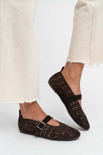 NİŞANTAŞI SHOES Patter Brown Suede Studded Genuine Leather Buckle Detail Flat Sole Women's Ballerinas